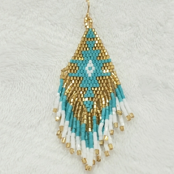 404- Beaded Earrings, long Beaded Dangle Earrings Native America Style Handmade - Picture 5 of 6